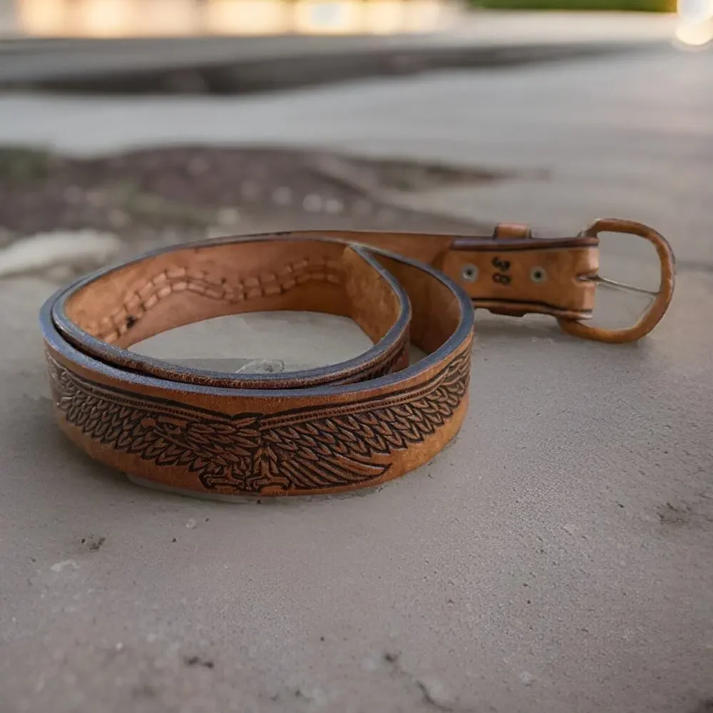 Vintage Hand-Tooled Leather Belt Eagle Motif Braided Western Artisan Crafted 38